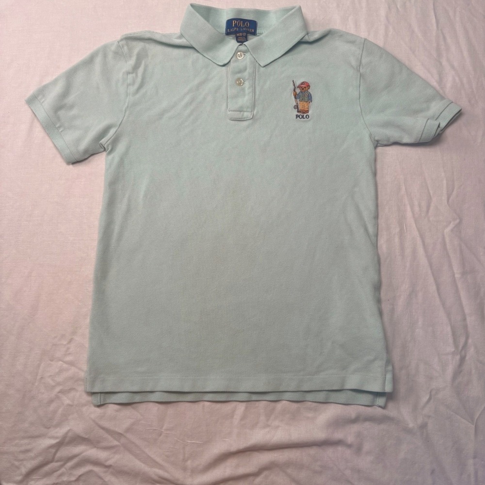 Polo Ralph Lauren Polo Shirt Boy 10 12 Medium Mint Green Fishing Polo Bear Pique